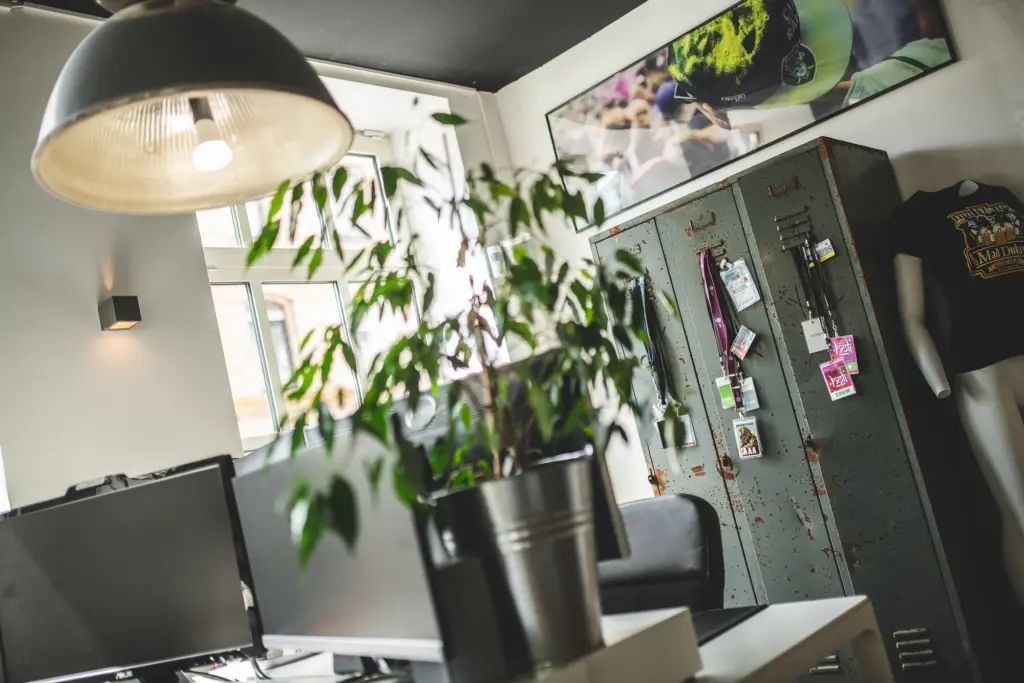 Arbeitsplatz mit Pflanze, Hängelampe und Spind im Büro der Agentur Ausdruckslos